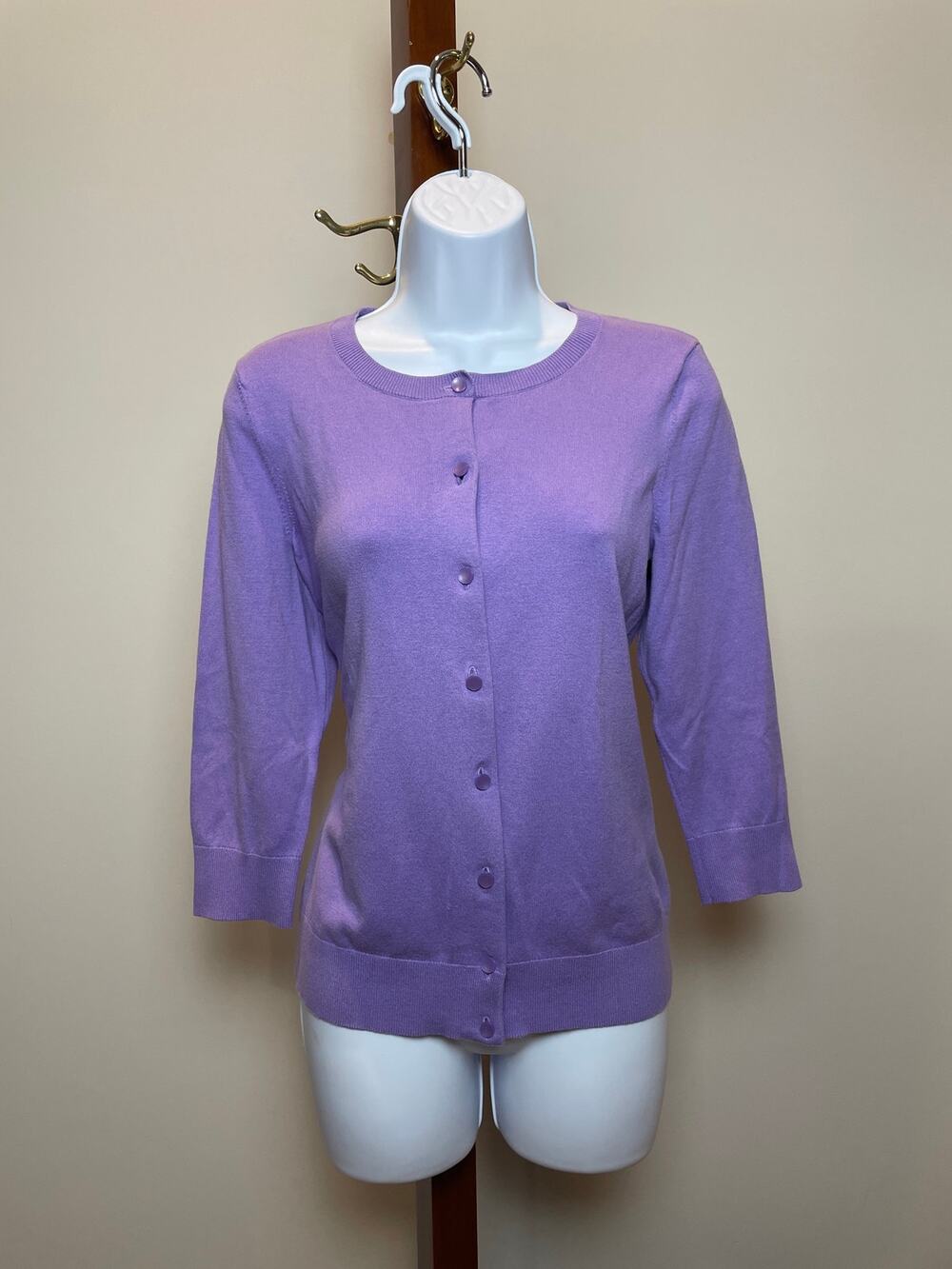 Talbots Size M Purple Cardigan with Embroidered Dragonfly Detail